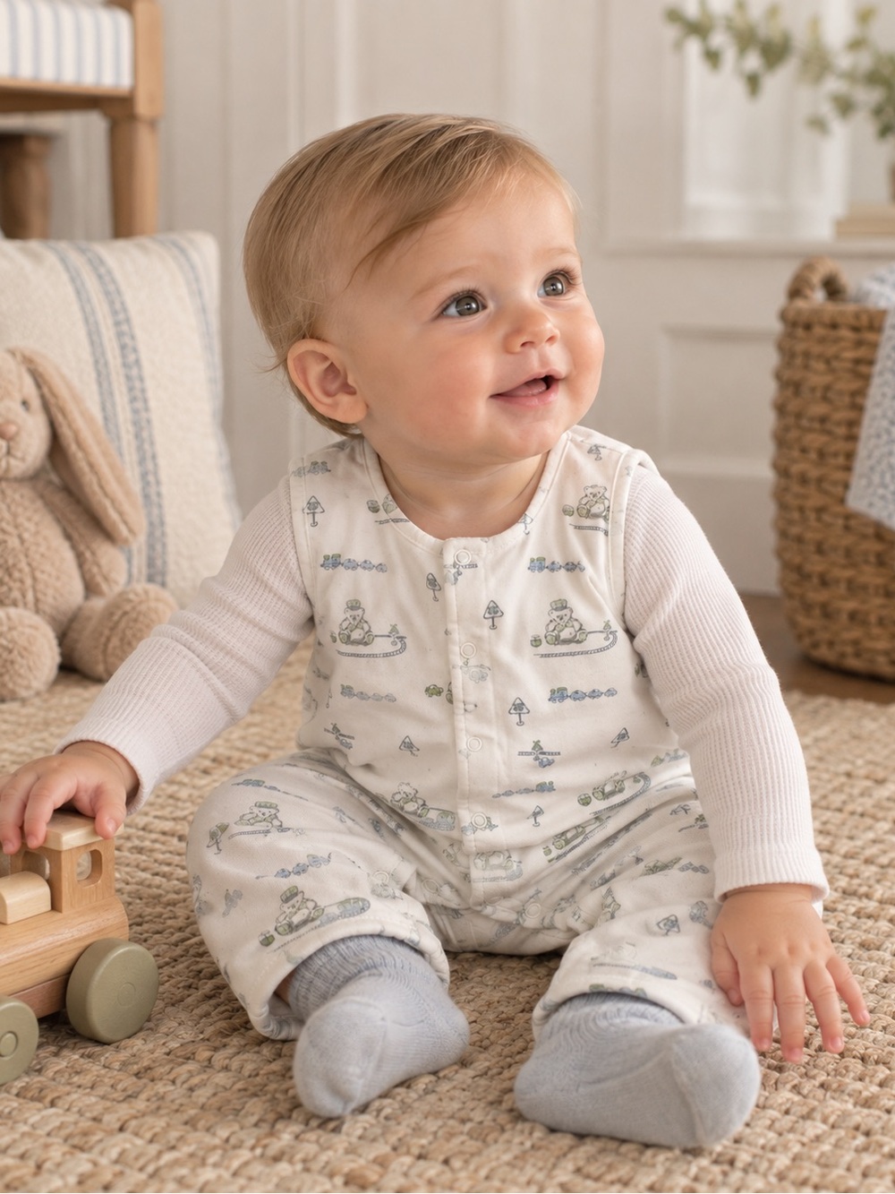 Kissy Kissy Baby Boy Reversible Teddy Bear Train Romper 6-9M